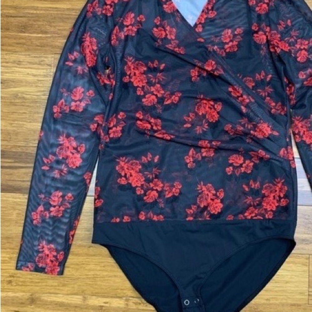 Tahari Black Mesh One-Piece Bodysuit with Red Floral Appliqué